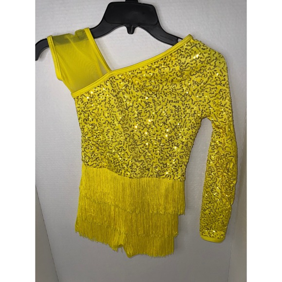 Weissman Kids Dance Costume Sequin Fringe One Sleeve Yellow Leotard MC - Picture 1 of 5